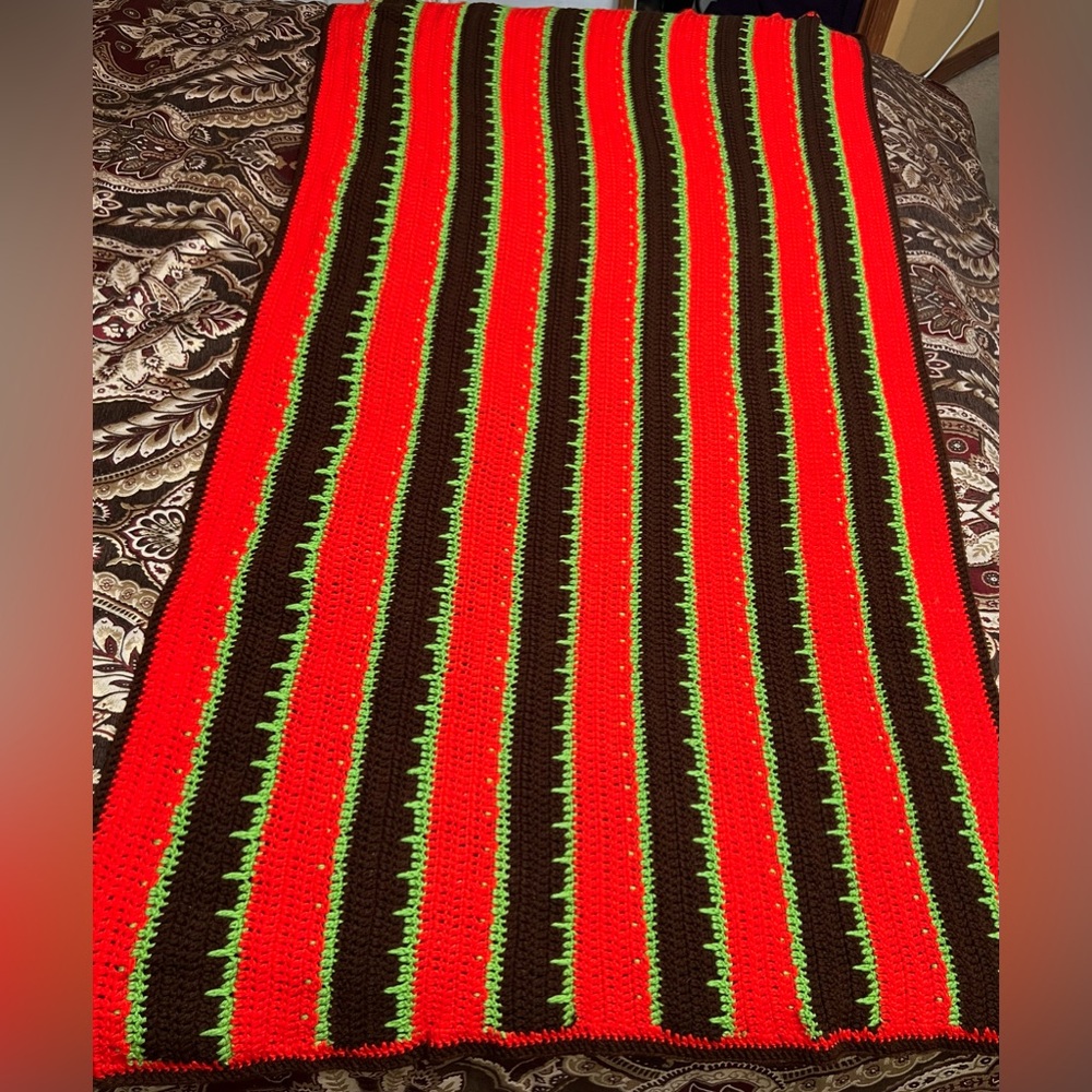 Vintage 70’s Afghan Crochet Throw Blanket Striped Orange/Green/Brown 38”x70”